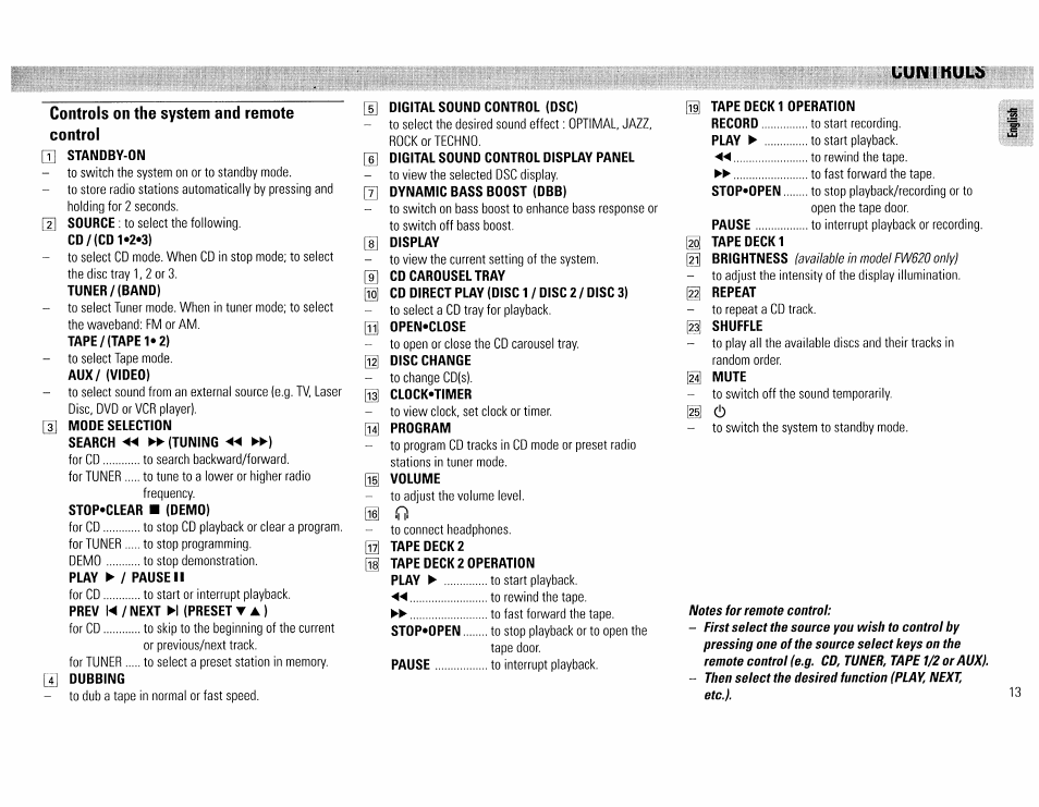 Controls on the system and remote control, Q] standby-on, Tuner/(band) | Tape / (tape t 2), Aux/ (video), 3] mode selection, Stop*clear ■ (demo), Prev n / next h (preset t a ), Q dubbing, Digital sound control (dsc) | Philips FW45C User Manual | Page 13 / 80