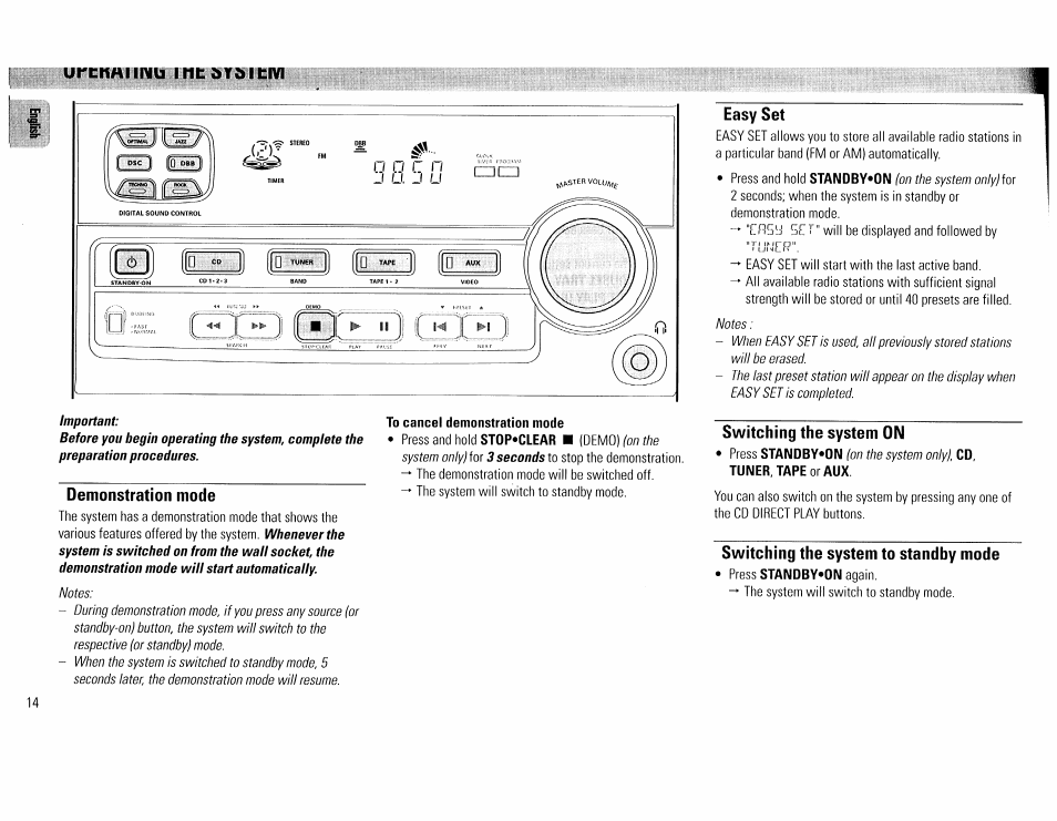Demonstration mode, To cancel demonstration mode, Easy set | Switching the system on, Tuner, tape oraux, Switching the system to standby mode | Philips FW45C User Manual | Page 14 / 80