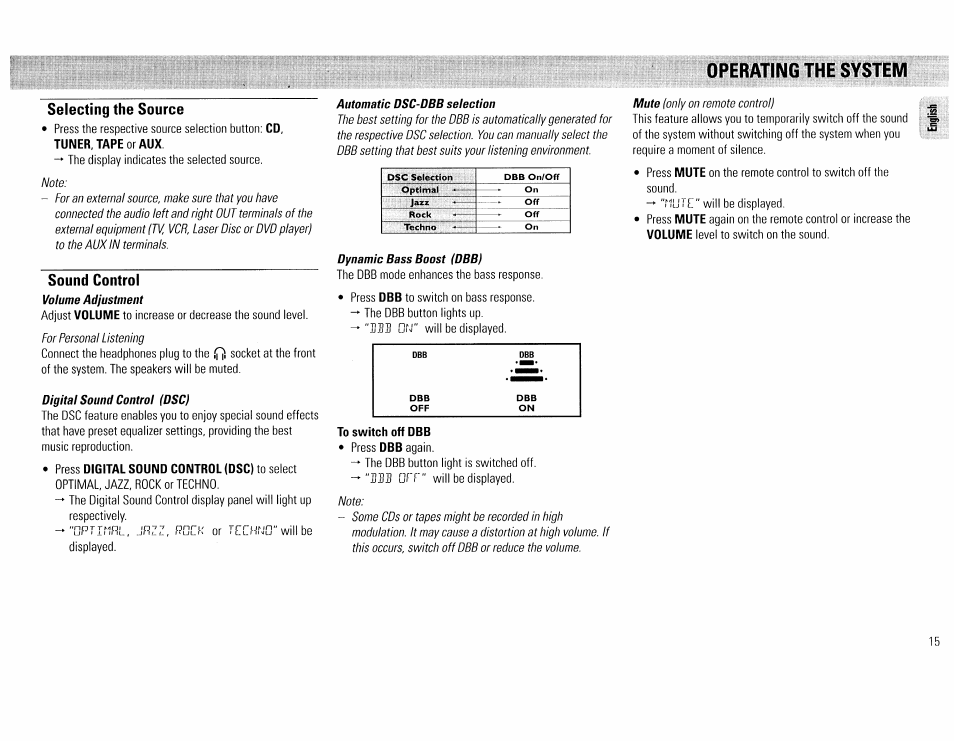 Operating the system, Selecting the source, Sound control | To switch off dbb, Operating the system -15 | Philips FW45C User Manual | Page 15 / 80