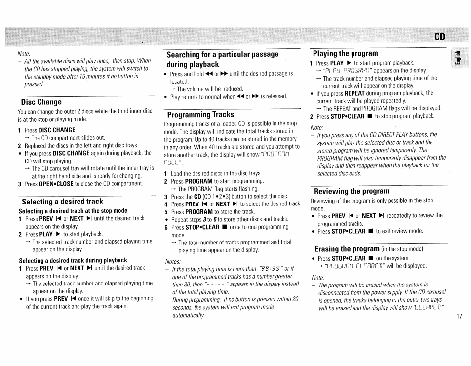Disc change, 1 press disc change, Selecting a desired track | Searching for a particular passage during playback, Programming tracks, Playing the program, Reviewing the program, Erasing the program (in the stop mode) | Philips FW45C User Manual | Page 17 / 80