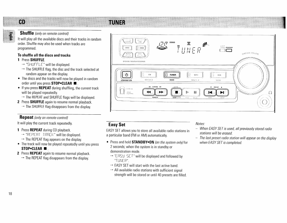 Tuner, To shuffle all the discs and tracks, Easy set | Cd tuner | Philips FW45C User Manual | Page 18 / 80