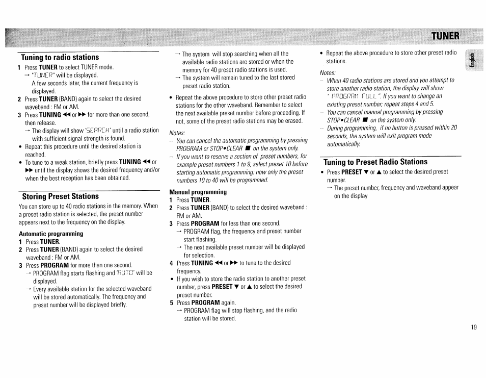 Tuner, Tuning to radio stations, Storing preset stations | Tuning to preset radio stations | Philips FW45C User Manual | Page 19 / 80