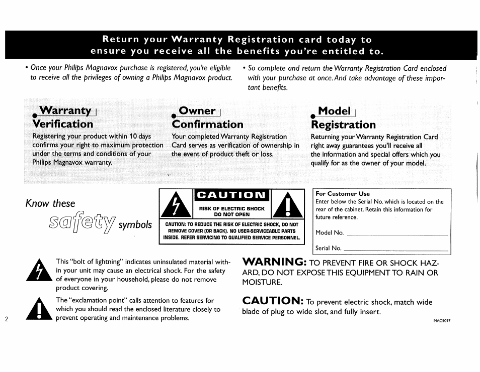 Warranty i verification, Owner i confirmation, Model i registration | Warning, Caution | Philips FW45C User Manual | Page 2 / 80