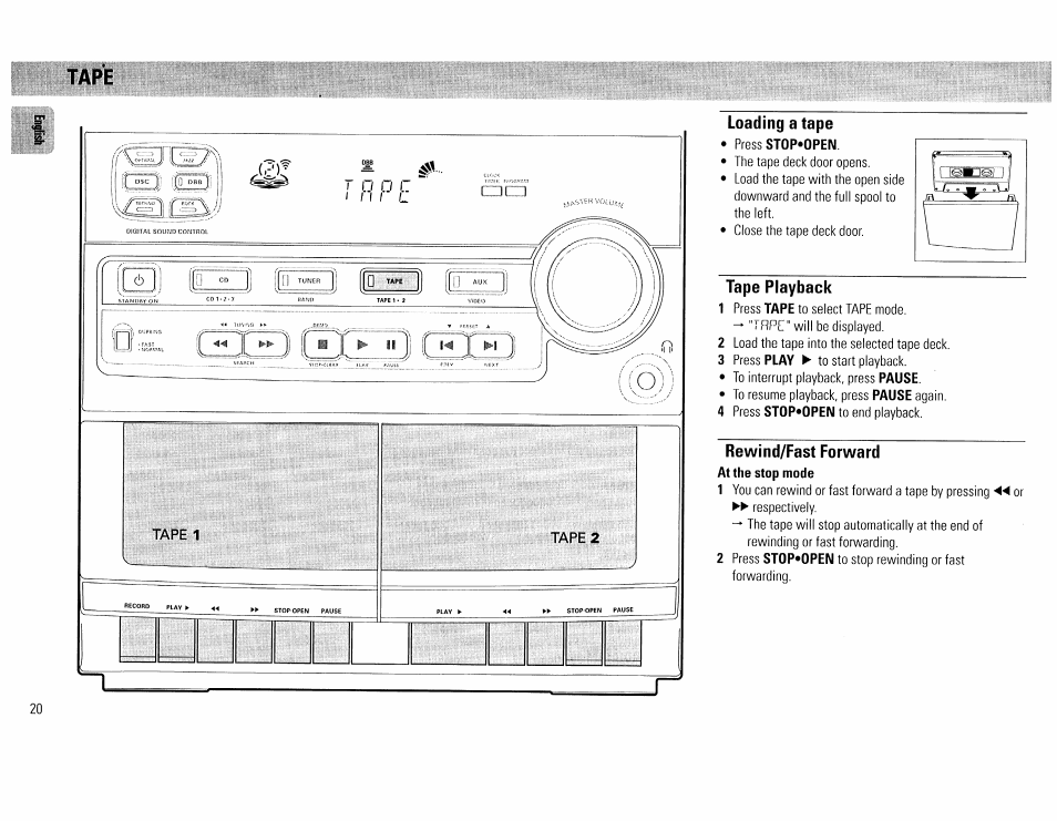 Tape, Loading a tape, Tape playback | Rewind/fast forward, Tape -21 | Philips FW45C User Manual | Page 20 / 80