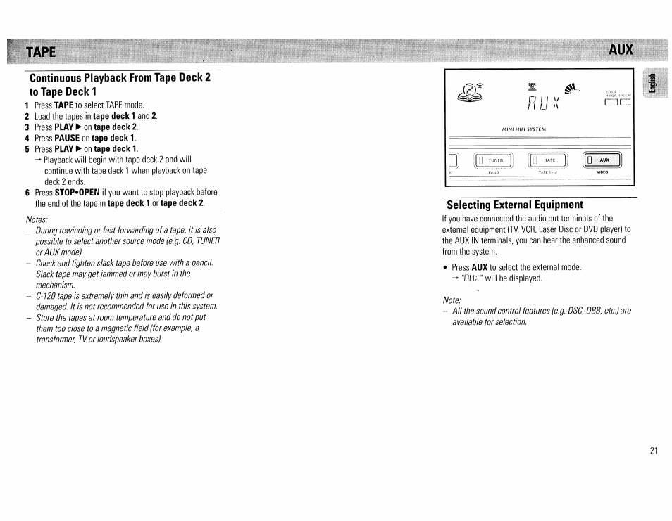 Tape, 3 press play ► on tape deck 2, 4 press pause on tape deck 1 | 5 press play ► on tape deck 1, Selecting external equipment | Philips FW45C User Manual | Page 21 / 80