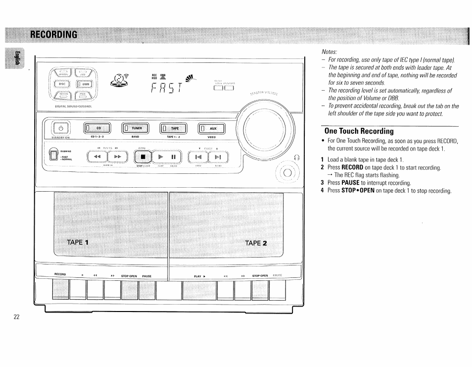 Recording, One touch recording, Recording - 23 | Philips FW45C User Manual | Page 22 / 80