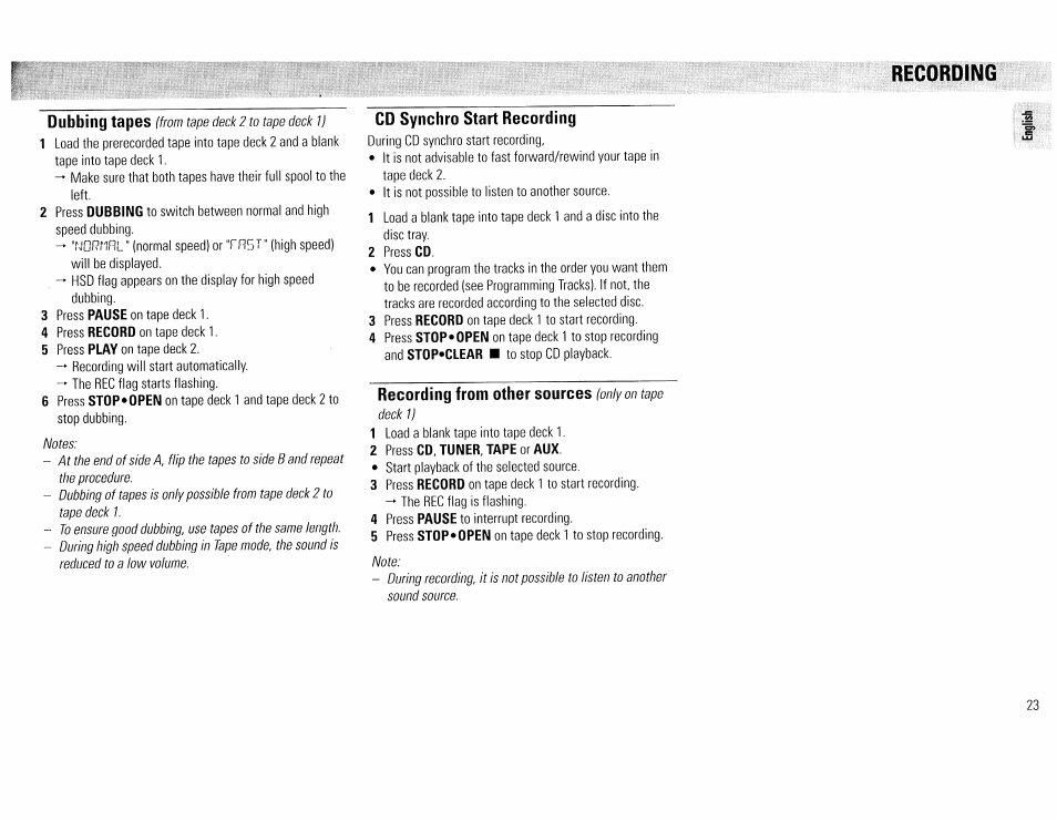 Recording, Cd synchro start recording, Recording from other sources (only on tape deck 1) | Philips FW45C User Manual | Page 23 / 80