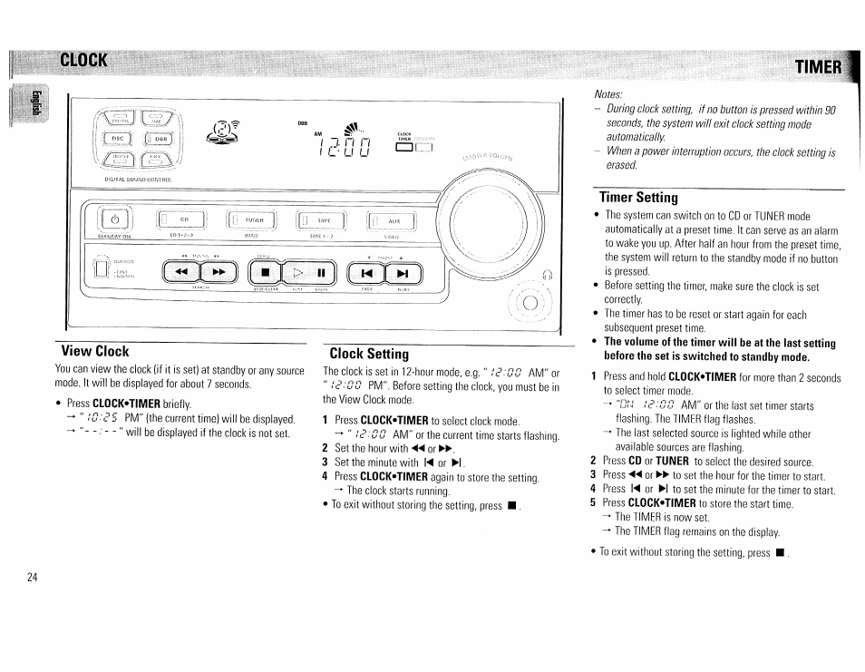 Clock, Timer, Clock setting | Timer setting, Timer -25, Clock timer | Philips FW45C User Manual | Page 24 / 80