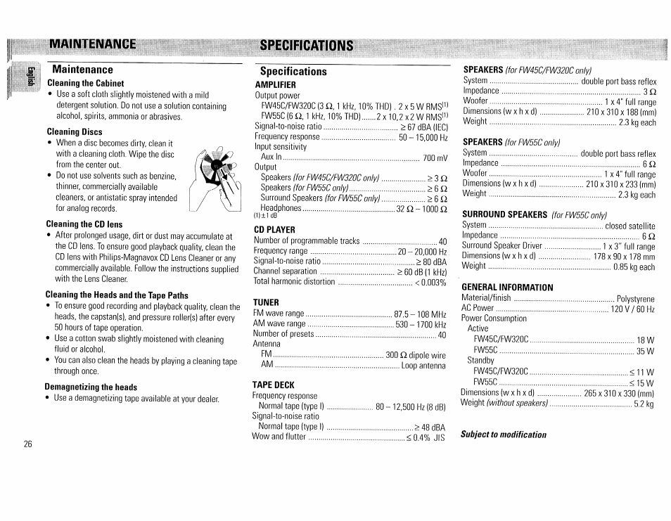 Jl* maintenance, Specifications, Maintenance | Philips FW45C User Manual | Page 26 / 80