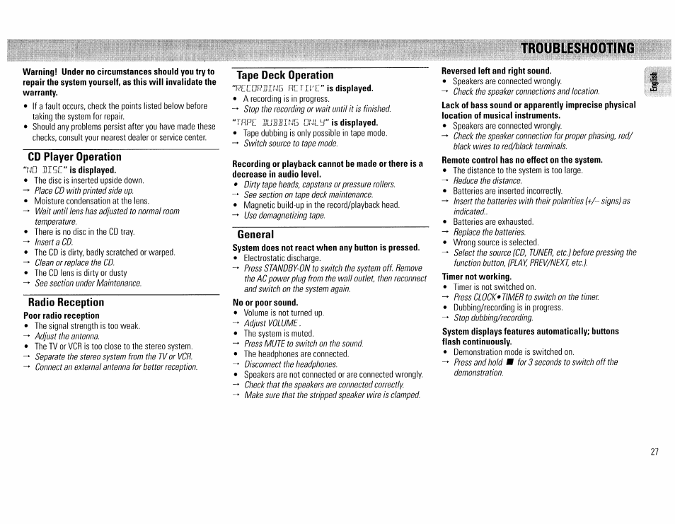 Troubleshooting, Cd player operation, Radio reception | Tape deck operation, General, Reversed left and right sound | Philips FW45C User Manual | Page 27 / 80