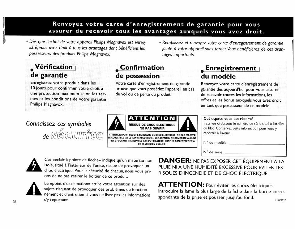 Vérification i de garantie, Confirmation i de possession, Enregistrement i du modèle | Danger, Attention | Philips FW45C User Manual | Page 28 / 80