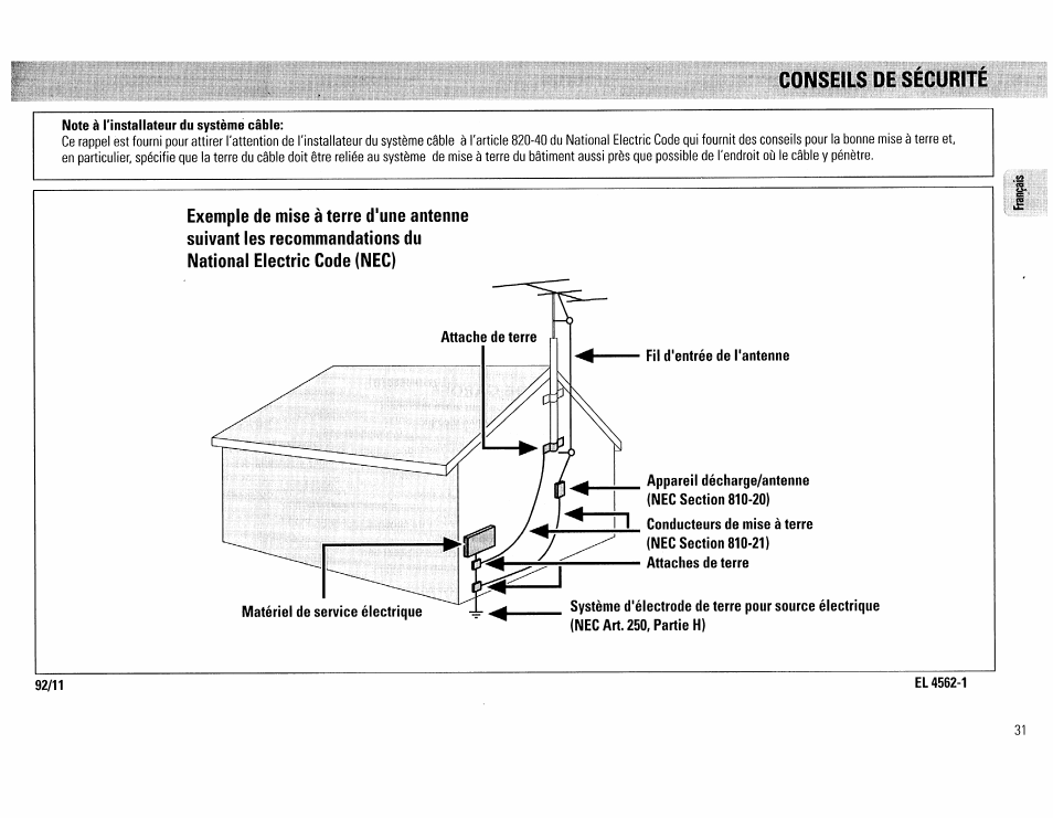 Conseils de securite, Note à l'installateur du système câble, El 4562-1 | Philips FW45C User Manual | Page 31 / 80