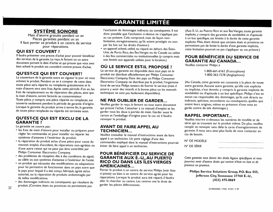 Systeme sonore, Qui est couvert, Qu^est-ce qui est couvert | Qu'est-ce qui est exclu de la garantie, Où le service est-il proposé, Ne pas oublier de garder, Avant de faire appel au technicien, Pour bénéficier du service de garantie au canada, Rappel important, Garantie limitee | Philips FW45C User Manual | Page 32 / 80