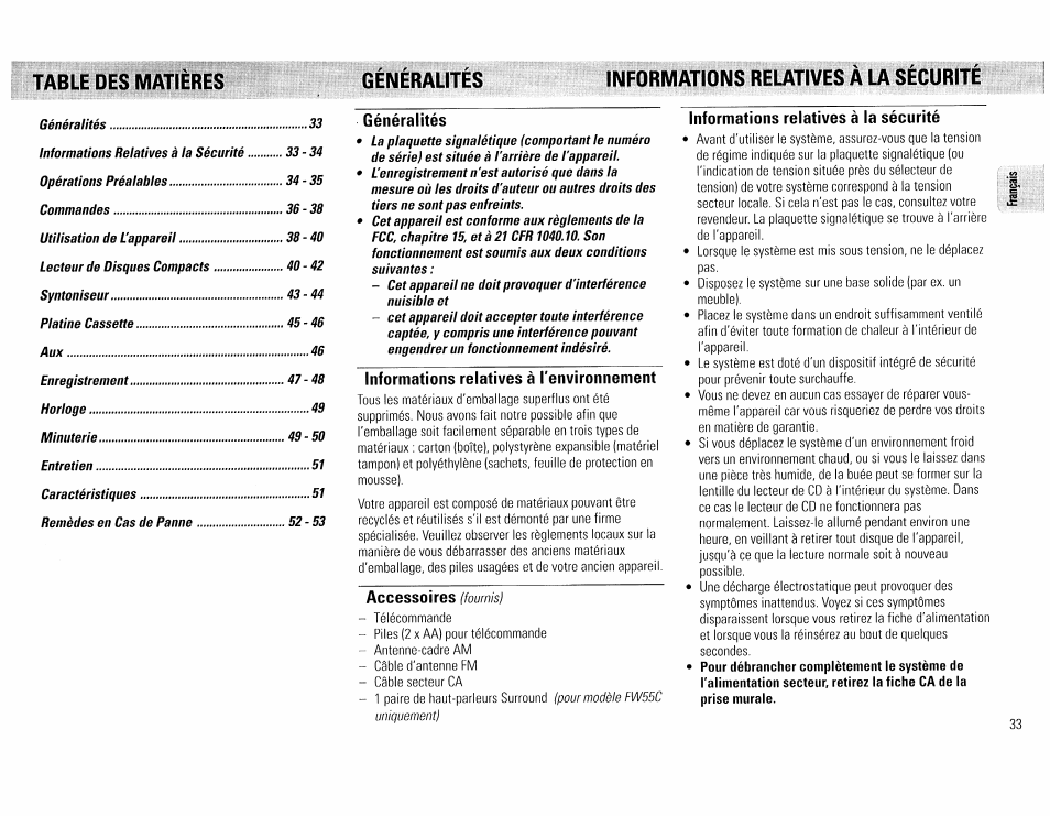 Généralités, Informations relatives à l'environnement, Accessoires (fournis) | Informations relatives à la sécurité | Philips FW45C User Manual | Page 33 / 80