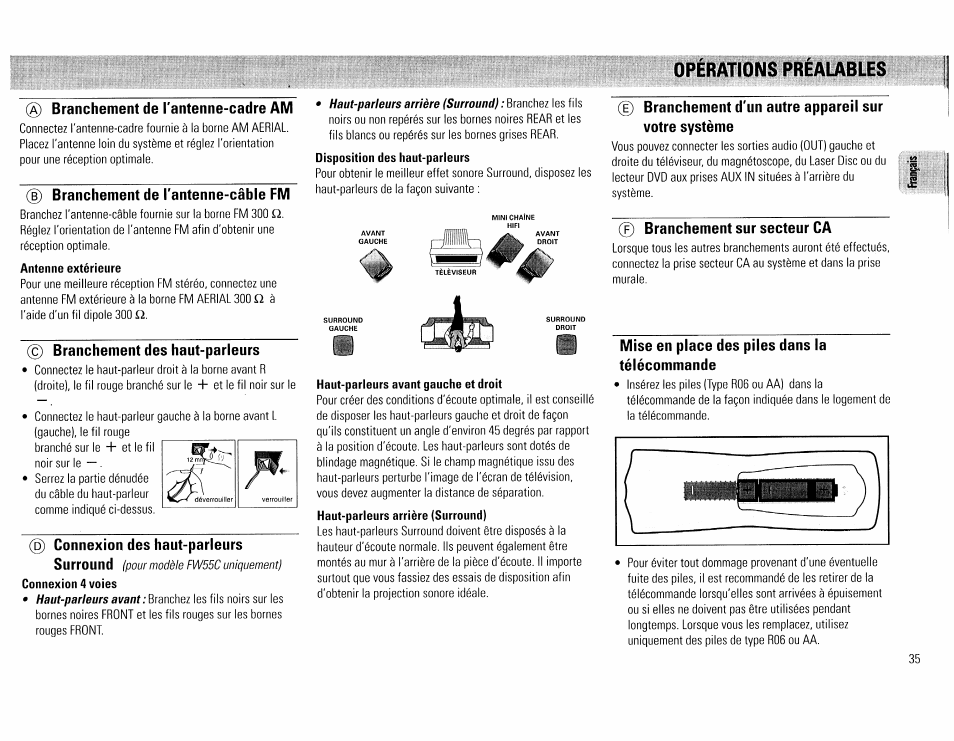 Opérations préaubles, Branchement de l'antenne-cadre am, B) branchement de l'antenne-câhle fm | Antenne extérieure, Branchement des haut-parleurs, D) connexion des haut-parleurs, Haut-parleurs avant gauche et droit, 0 branchement sur secteur ca, Mise en place des piles dans la télécommande | Philips FW45C User Manual | Page 35 / 80