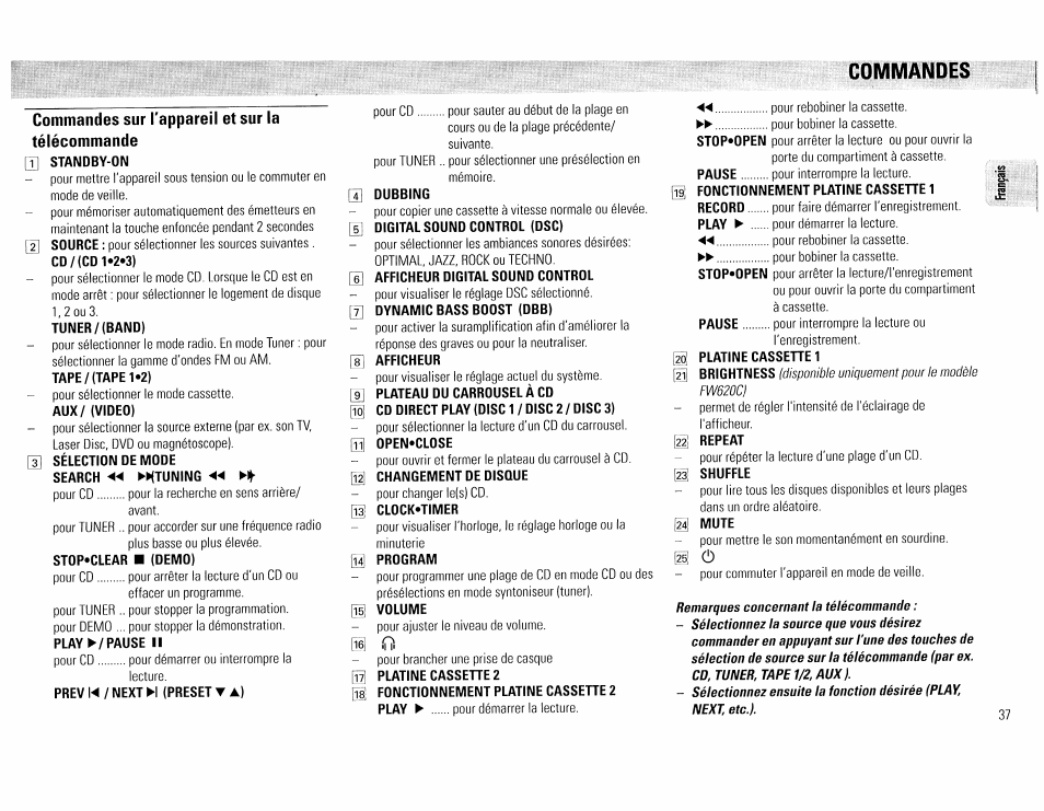 Commandes, Dubbing, Dynamic bass boost (dbb) | Afficheur, Clock«timer, Program, Volume, 1 fonctionnement platine cassehe1, Mute | Philips FW45C User Manual | Page 37 / 80