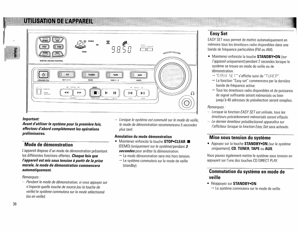 Utilisation de l'appareil, Mode de démonstration, Annulation du mode démonstration | Easy set, Mise sous tension du système, Commutation du système en mode de veille | Philips FW45C User Manual | Page 38 / 80