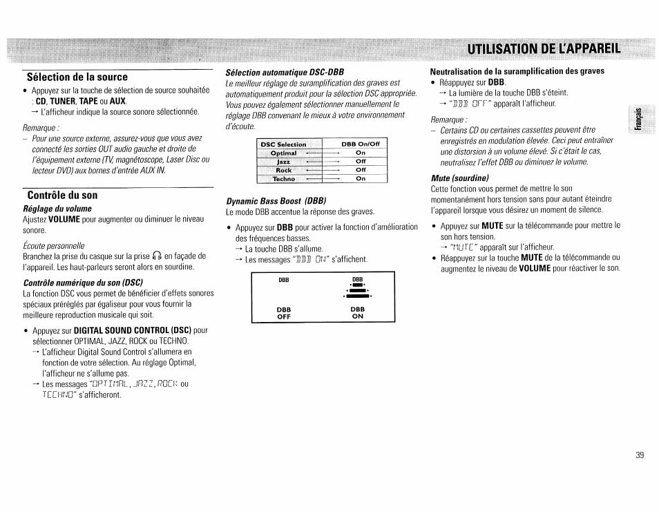 Sélection de la source, Contrôle du son, Utilisation de l'appareil | Neutralisation de la suramplification des graves, Utilisation de l'appareil - 40 | Philips FW45C User Manual | Page 39 / 80