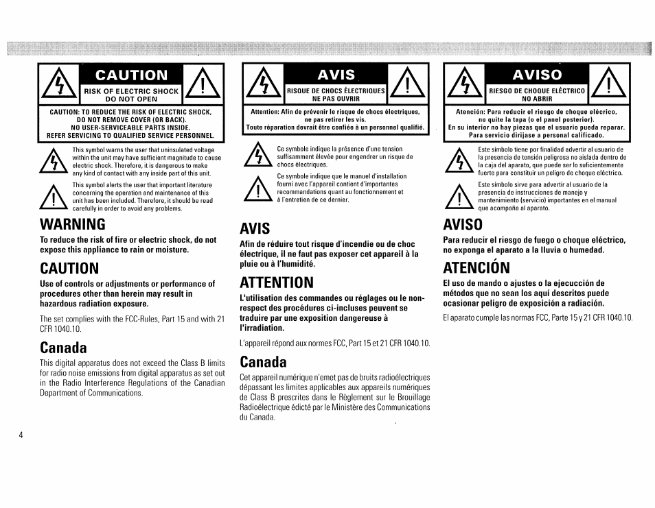 Caution, Avis, Aviso | Philips FW45C User Manual | Page 4 / 80