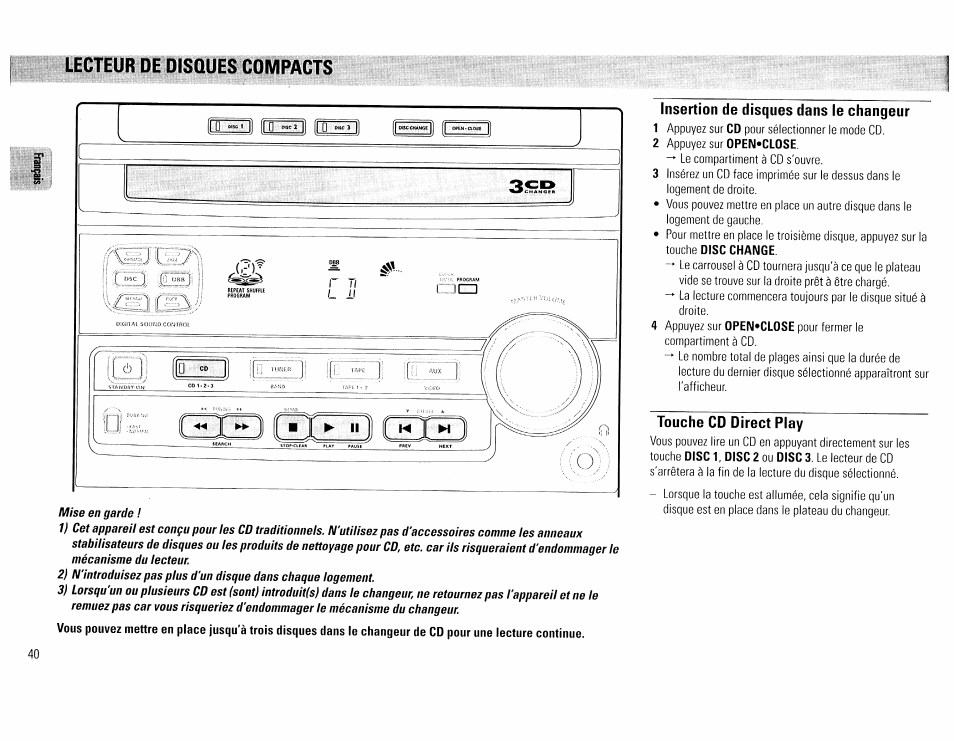 Lecteur de disques compacts, Insertion de disques dans le changeur, Touche cd direct play | Lecteur de disques compacts - 42 | Philips FW45C User Manual | Page 40 / 80