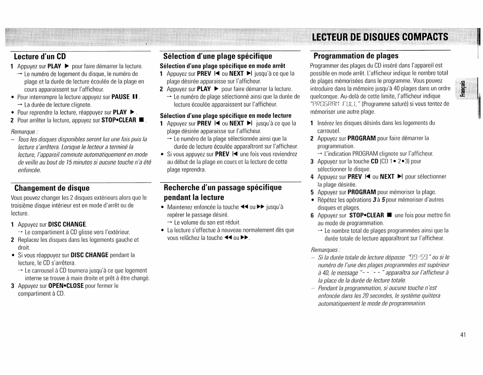 Lecteur de disques compacts, Lecture d'un cd, Changement de disque | Sélection d'une plage spécifique, Programmation de plages | Philips FW45C User Manual | Page 41 / 80