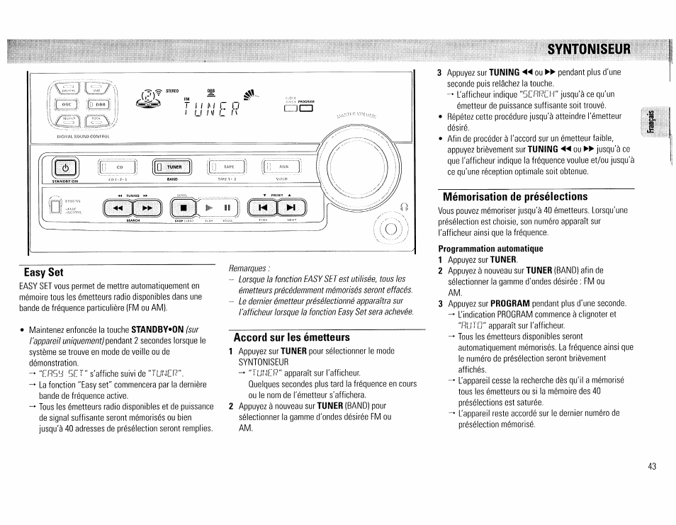 Syntoniseur, Easy set, Accord sur les émetteurs | Mémorisation de présélections | Philips FW45C User Manual | Page 43 / 80