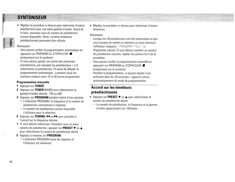 Syntoniseur, Accord sur les émetteurs présélectionnés, Syntoniseur - 44 | Philips FW45C User Manual | Page 44 / 80