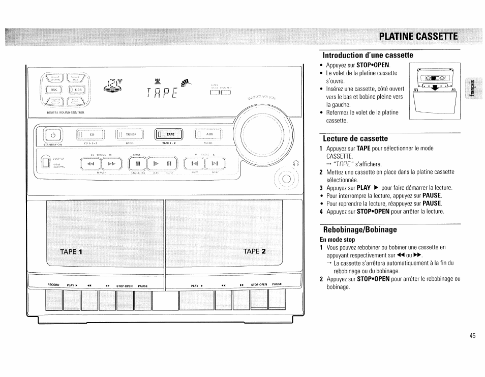 Platine cassehe, Introduction d'une cassette, Lecture de cassette | Rebobinage/bobinage, Platine cassette - 46 | Philips FW45C User Manual | Page 45 / 80