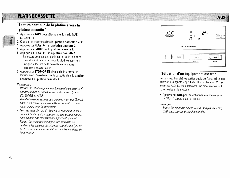 9ìal\m cassette, Sélection d'un équipement externe, 9ìal\m | I c..... -'t l, Cassette | Philips FW45C User Manual | Page 46 / 80