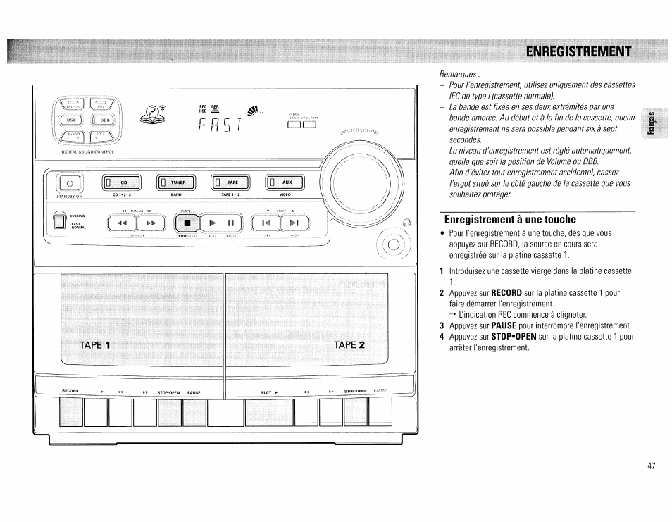 Enregistrement, Enregistrement à une touche | Philips FW45C User Manual | Page 47 / 80