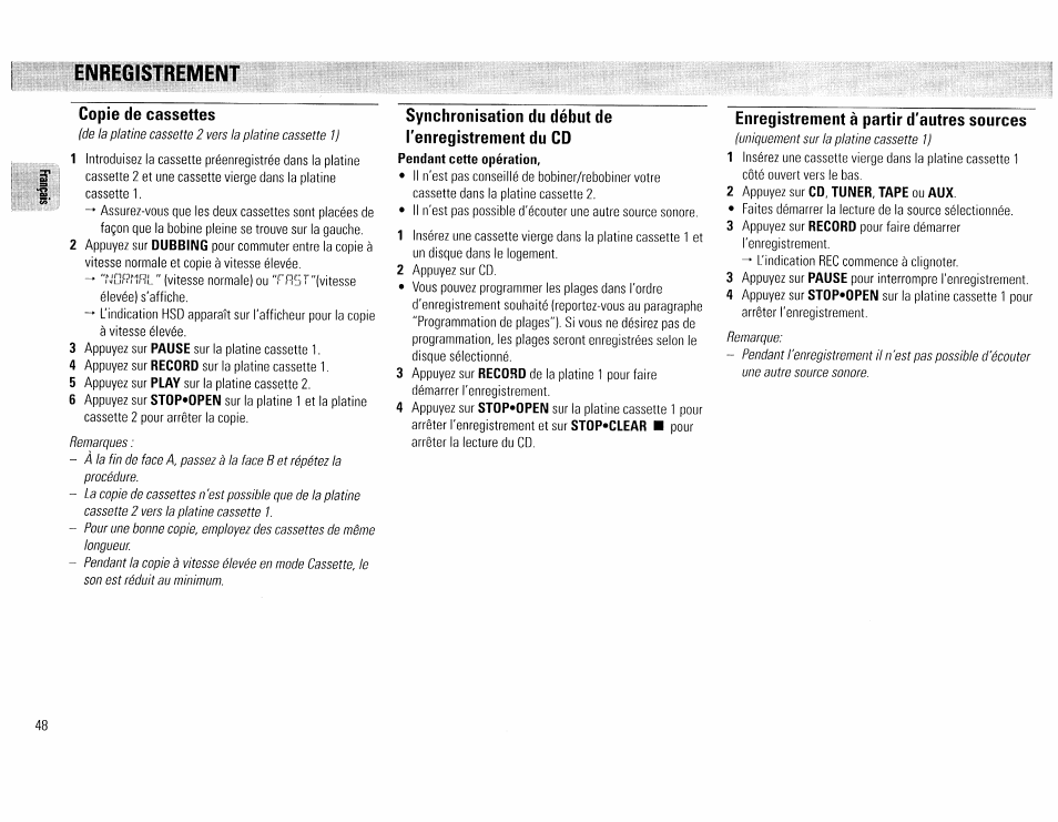 Enregistrement, Copie de cassettes, Synchronisation du début de l'enregistrement du cd | Enregistrement à partir d'autres sources, Enregistrement - 48 | Philips FW45C User Manual | Page 48 / 80