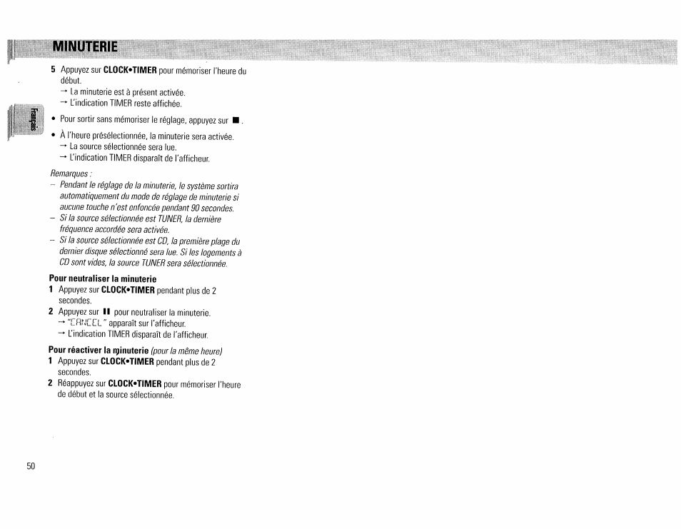 Minuterie, Pour neutraliser la minuterie | Philips FW45C User Manual | Page 50 / 80