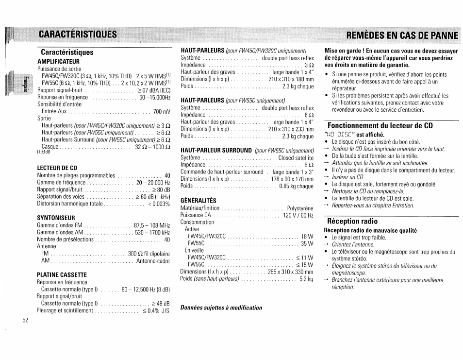 Remedes en cas de panne, Caractéristiques, Fonctionnement du lecteur de cd | Réception radio, Remèdes en cas de panne -53, Caracteristiques remedes en cas de panne | Philips FW45C User Manual | Page 52 / 80