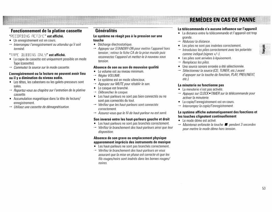 Fonctionnement de la platine cassette, Généralités, Remedes en cas de panne | Philips FW45C User Manual | Page 53 / 80