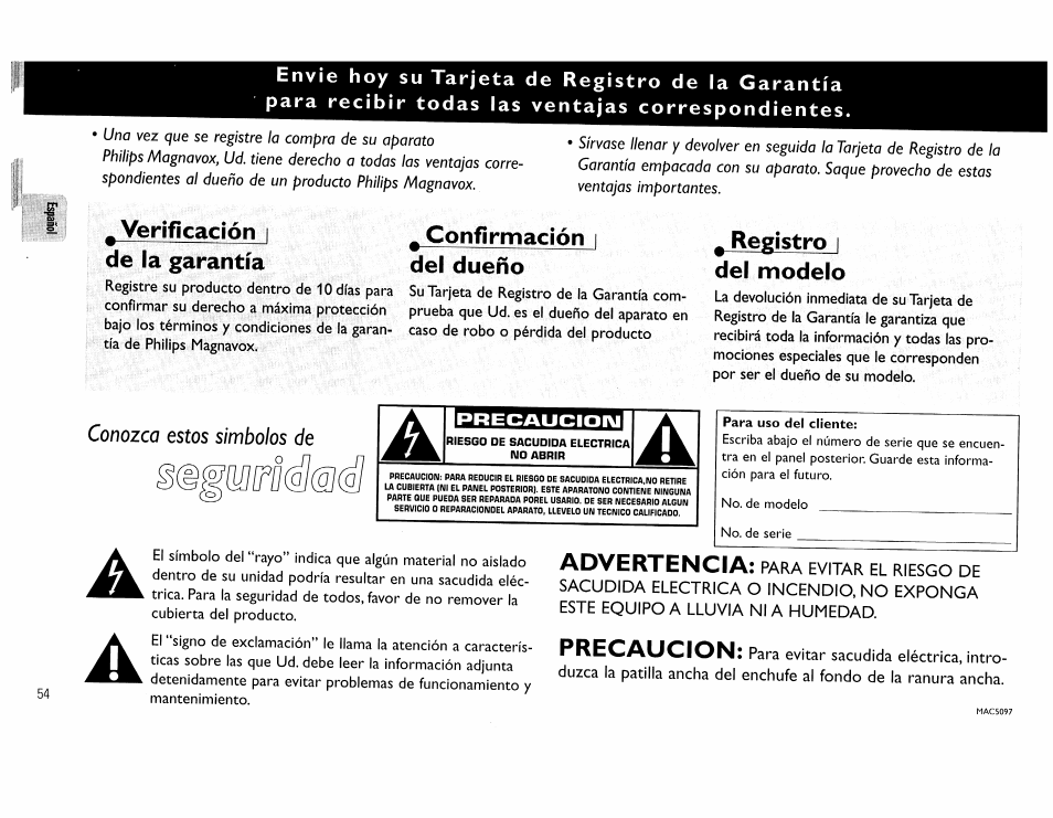 Verificación i de la garantía, Confirmación i del dueño, Registro i del modelo | Advertencia, Precaucion | Philips FW45C User Manual | Page 54 / 80