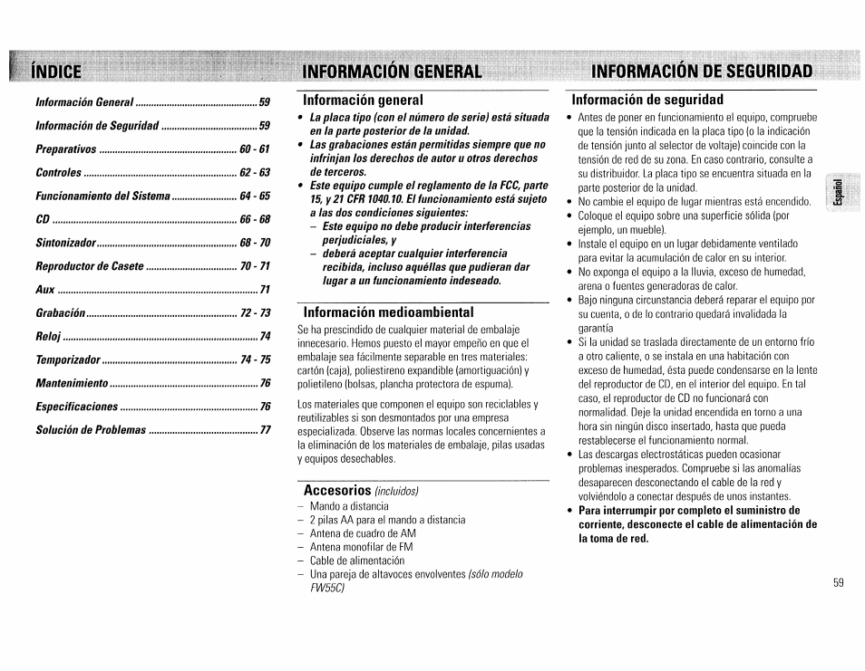 Información general, Información medioambiental, Información de seguridad | Información general informacion oe seguridad | Philips FW45C User Manual | Page 59 / 80