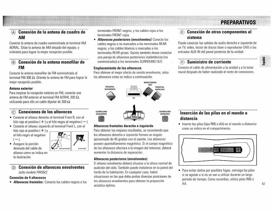 Preparativos, Conexión de la antena de cuadro de am, B) conexión de la antena monofilar de fm | Antena exterior, Conexiones de los altavoces, D) conexión de altavoces envolventes, Altavoces frontales derecho e izquierdo, E) conexión de otros componentes al sistema, 0 suministro de corriente, Inserción de las pilas en el mando a distancia | Philips FW45C User Manual | Page 61 / 80