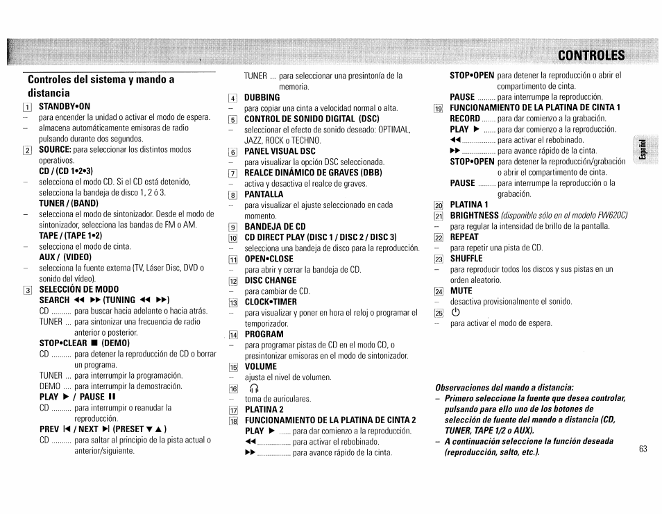 Controles del sistema y mando a distancia, Q] standby'on, Tuner/(band) | Aux/ (video), Selección de modo, Stop'clear ■ (demo), Prev !◄ / next n (preset t a ), 4] dubbing, 6] panel visual dsc, Hj pantalla | Philips FW45C User Manual | Page 63 / 80