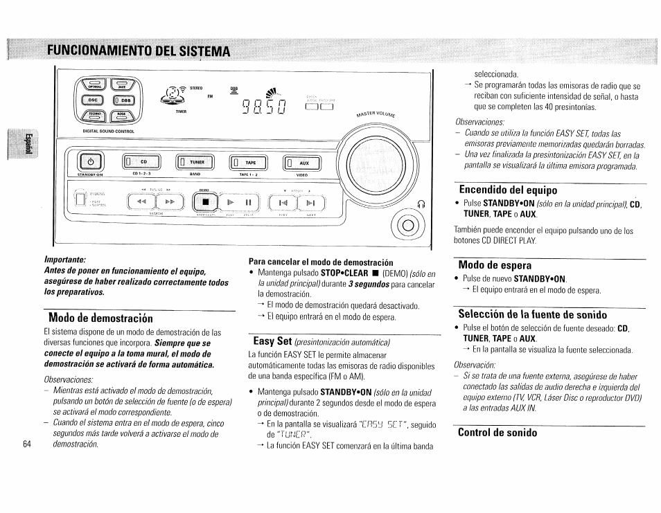 Fundionamiento del sistema, Modo de demostración, Encendido del equipo | Modo de espera, Selección de la fuente de sonido, Control de sonido | Philips FW45C User Manual | Page 64 / 80