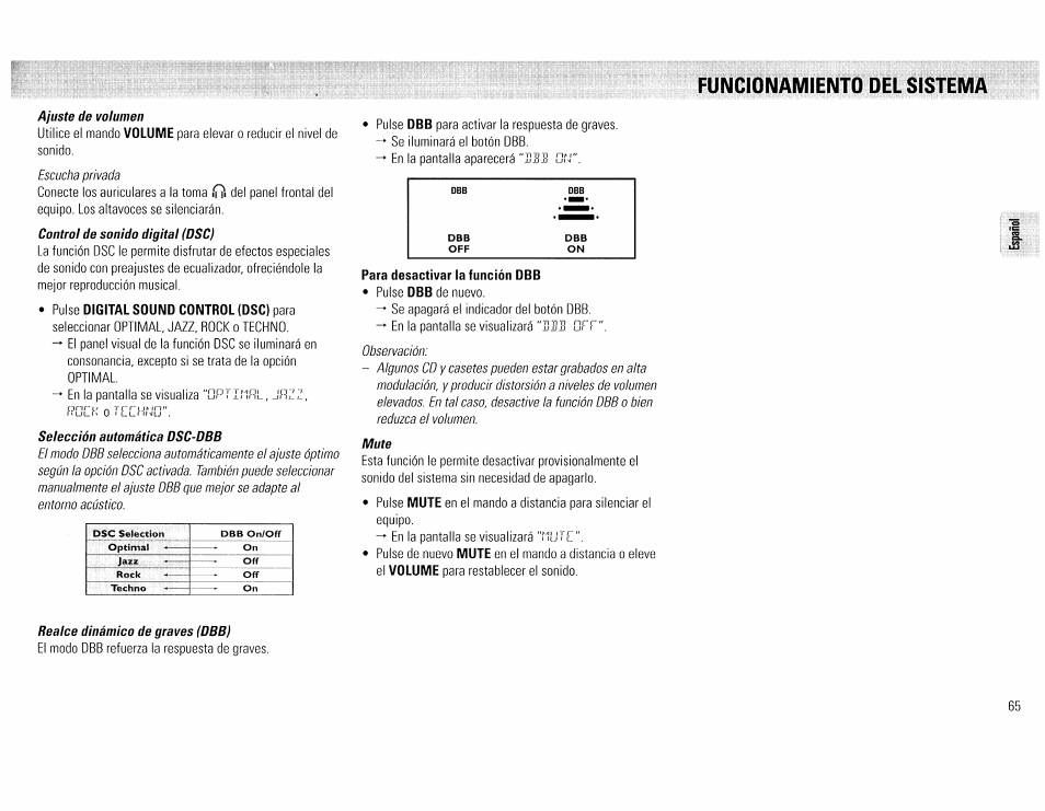 Funcionamiento del sistema, Para desactivar la función dbb, Funcionamiento del sistema - 65 | Philips FW45C User Manual | Page 65 / 80