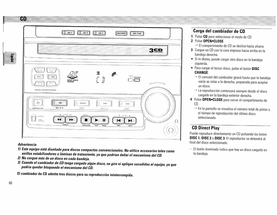 Carga del cambiador de cd, Cd direct play | Philips FW45C User Manual | Page 66 / 80
