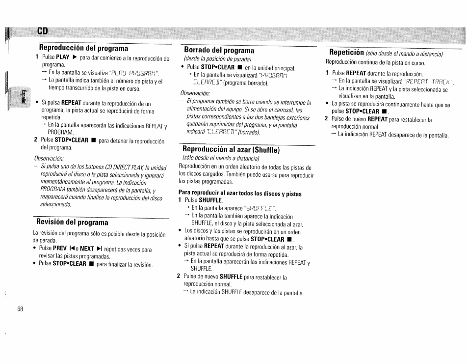 Reproducción del programa, Revisión del programa, Borrado del programa | Reproducción al azar (shuffie) | Philips FW45C User Manual | Page 68 / 80