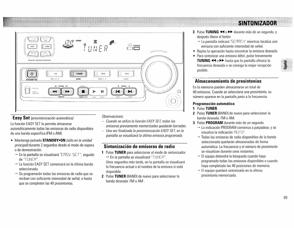 Sintonizador, Sintonización de emisoras de radio, Almacenamiento de presintonías | Philips FW45C User Manual | Page 69 / 80