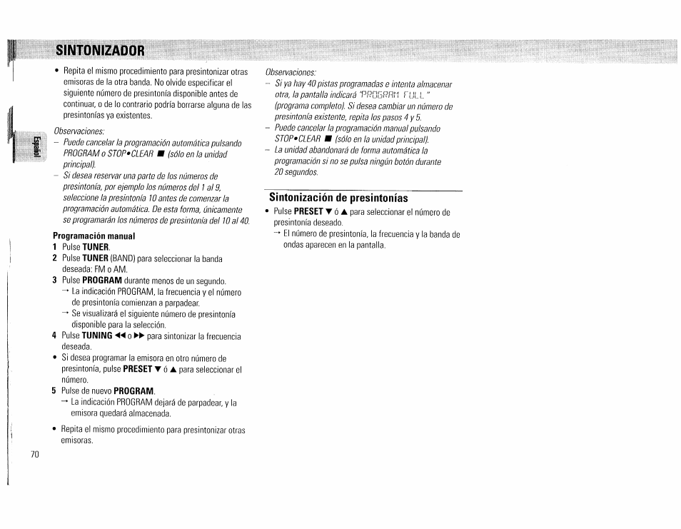 Sintonizador, Sintonización de presintonías, Sintonizador - 70 | Philips FW45C User Manual | Page 70 / 80