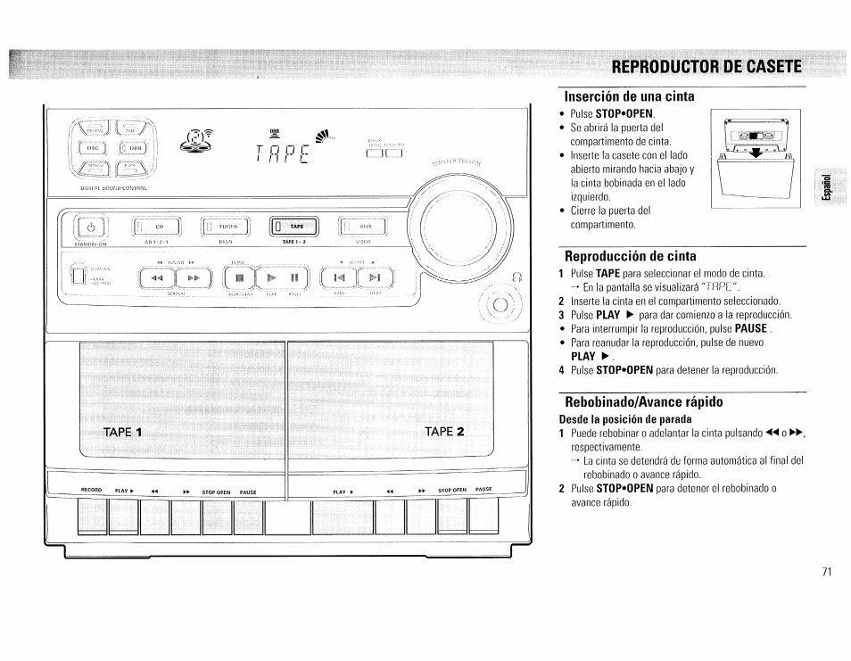 Reproductor de casete, Inserción de una cinta, Reproducción de cinta | Rebobinado/avance rápido, Reproductor de casete - 71 | Philips FW45C User Manual | Page 71 / 80