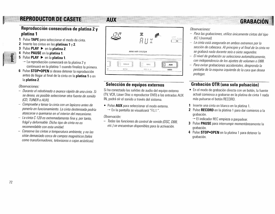 Reproductor de casete, Reproducción consecutiva de platina 2 y platina 1, Selección de equipos externos | Grabacion, Grabación otr (una sola pulsación), Grabación -73, З; 1 | Philips FW45C User Manual | Page 72 / 80