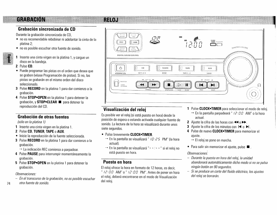 Reloj, Grabación sincronizada de cd, Grabación de otras fuentes | Visualízación del reloj, Puesta en hora | Philips FW45C User Manual | Page 74 / 80