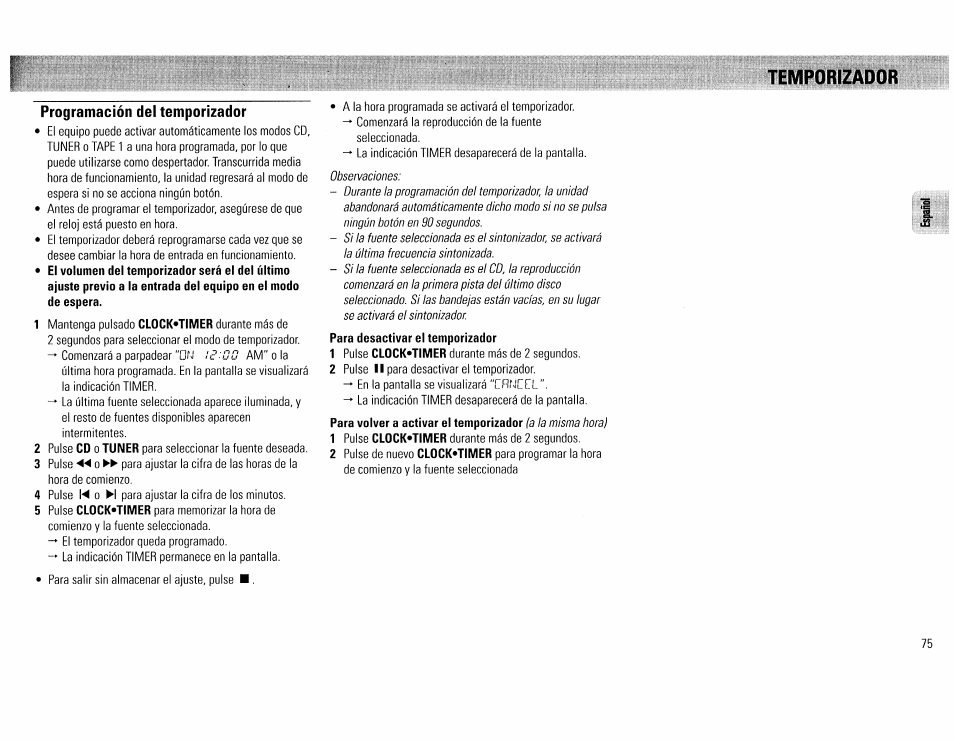 Temíp0ri2üad0r, Programación del temporizador | Philips FW45C User Manual | Page 75 / 80