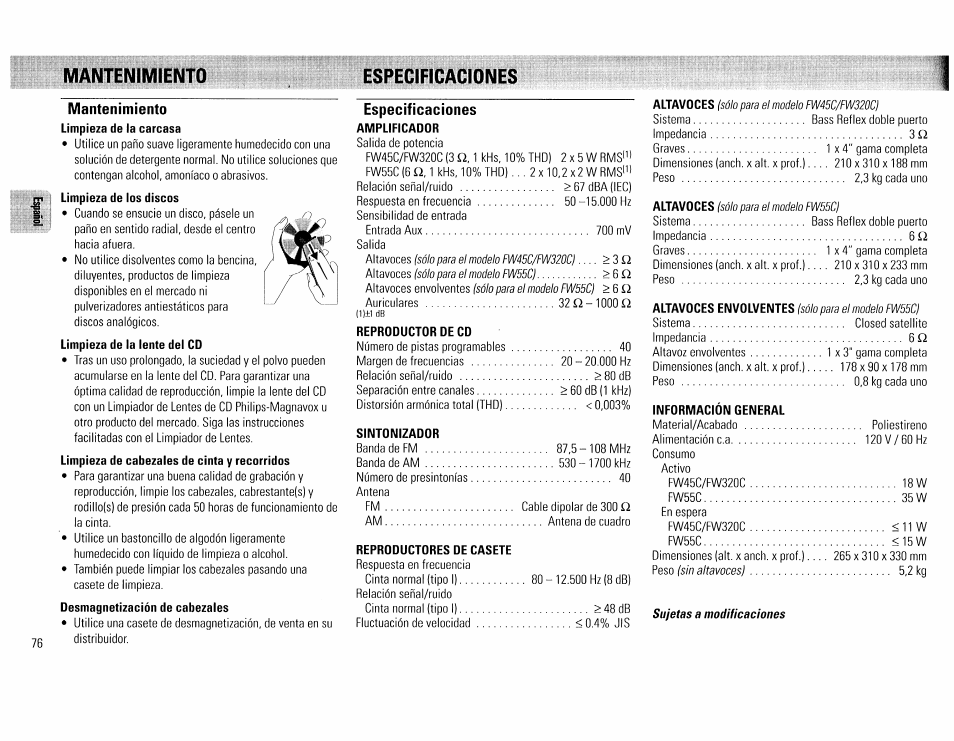 Mantenimiento, Especificaciones, Mantenimiento especificaciones | Philips FW45C User Manual | Page 76 / 80