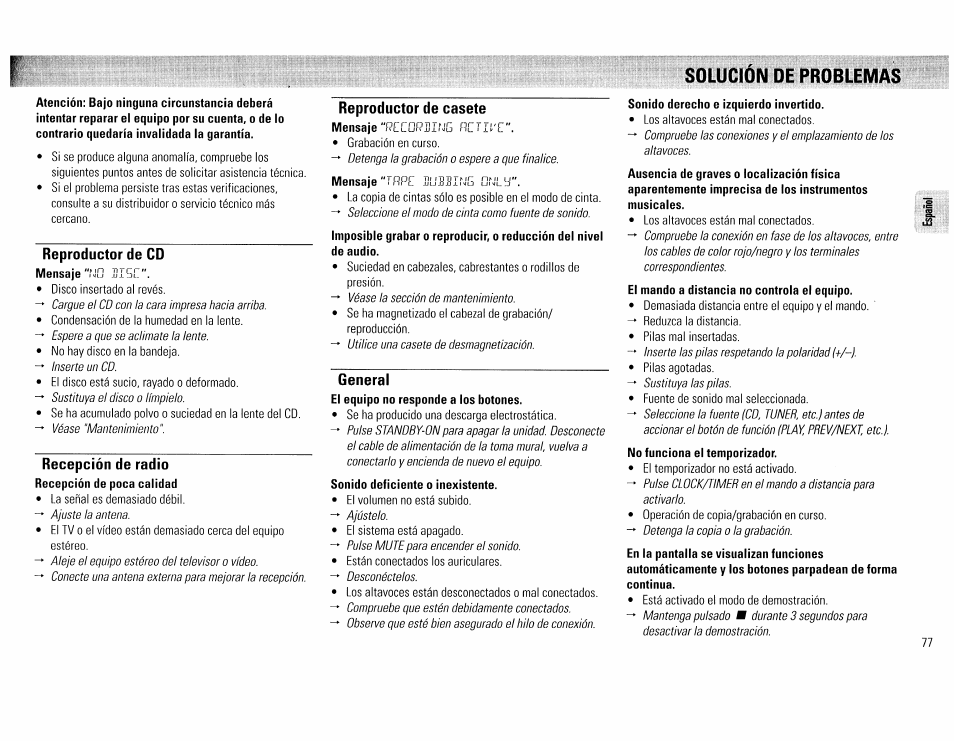 Solución de problemas, Reproductor de cd, Recepción de radio | Reproductor de casete, General, Sonido deficiente o inexistente, Sonido derecho e izquierdo invertido | Philips FW45C User Manual | Page 77 / 80